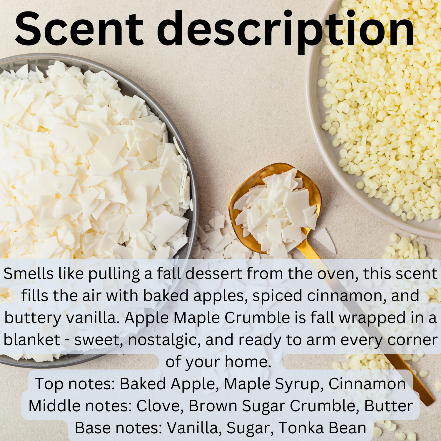 Apple Maple Crumble dye-free soy wax candle with warm scent of baked apples, cinnamon, vanilla, and maple syrup