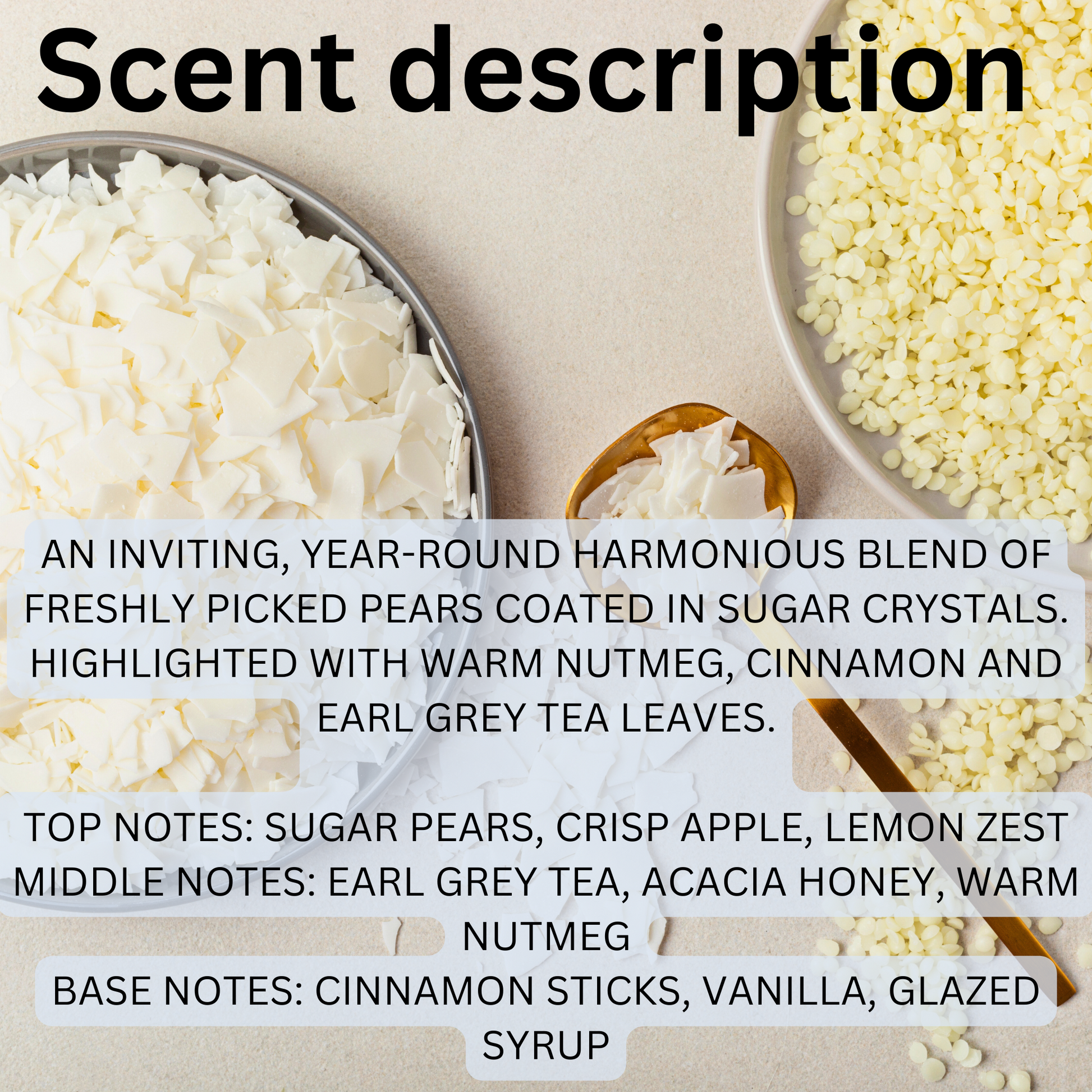 Honey Cinna Pear soy wax candle with natural ingredients and warm scent notes of pear, nutmeg, cinnamon, and Earl Grey tea leaves.