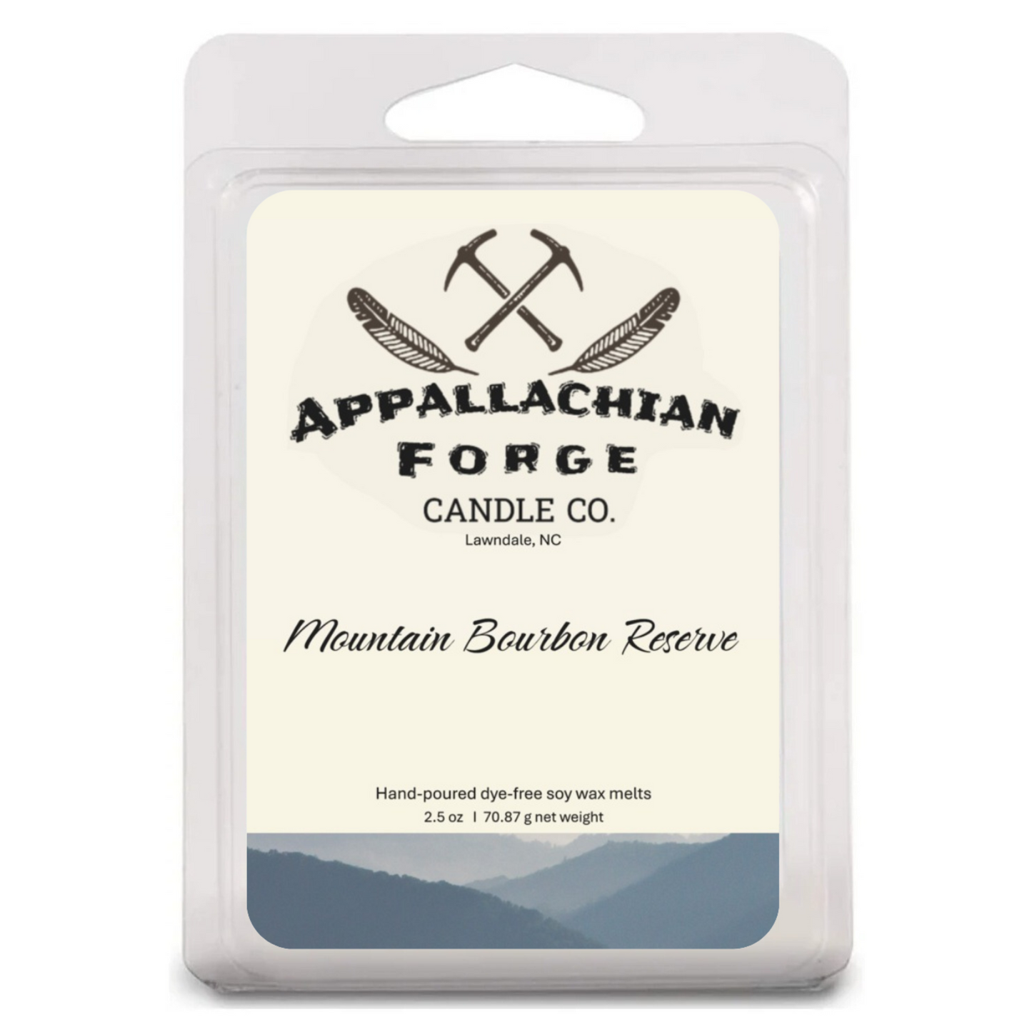 Mountain Bourbon Reserve hand-poured soy wax melts by Appalachian Forge Candle Co., natural and long-lasting fragrance for home.