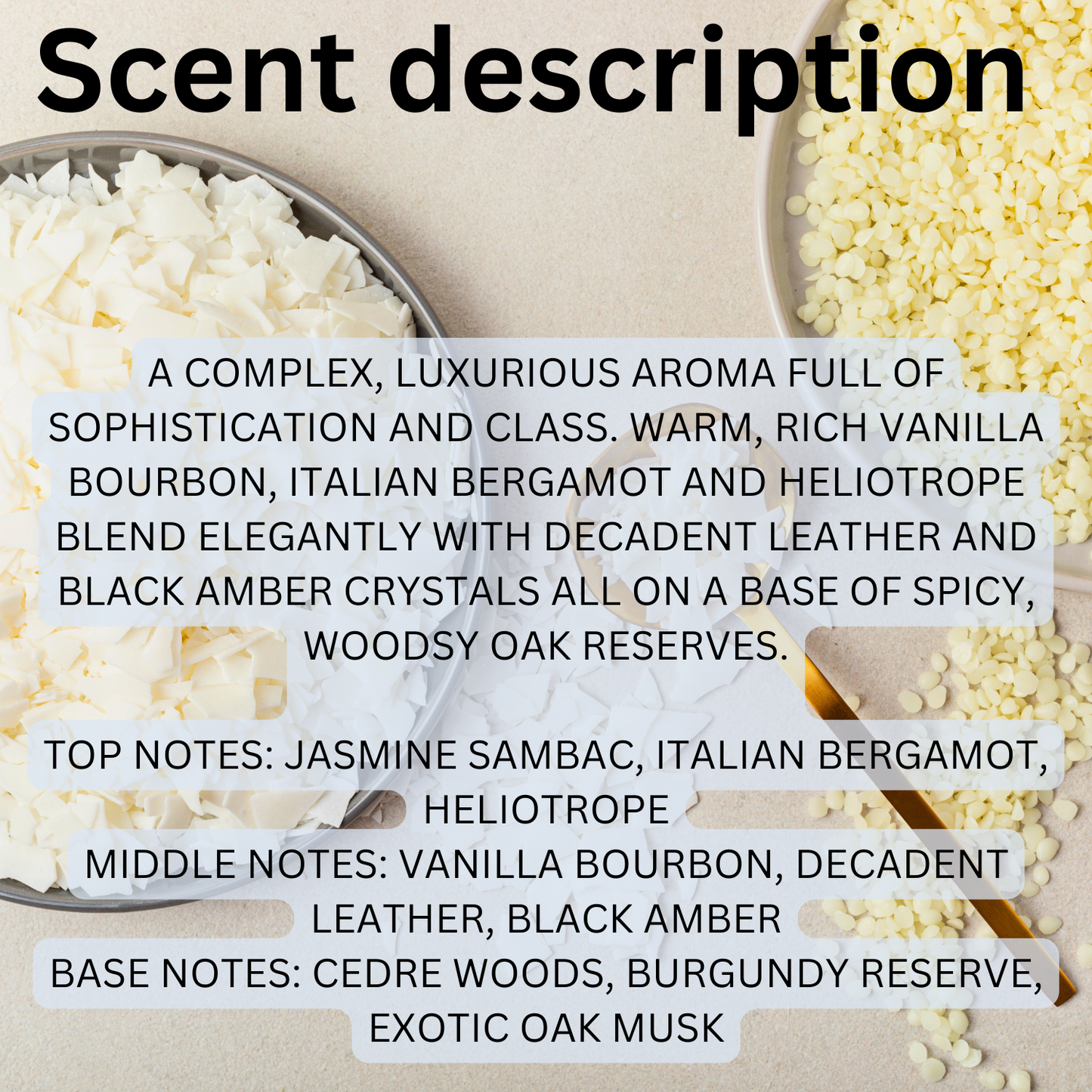 Mountain Bourbon Reserve soy wax melts with warm vanilla bourbon, Italian bergamot, heliotrope, decadent leather, black amber, and spicy woody oak notes.