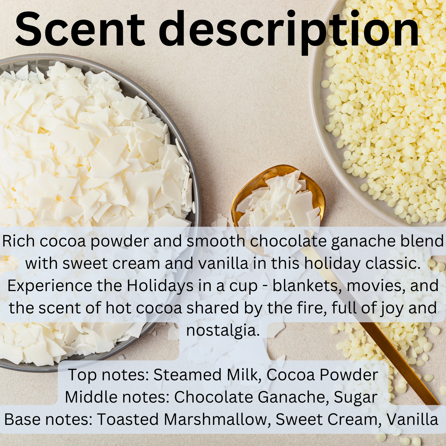 Mug Life soy wax melts with rich cocoa, chocolate ganache, sweet cream, and vanilla scent inspired by holiday hot cocoa and cozy nostalgia