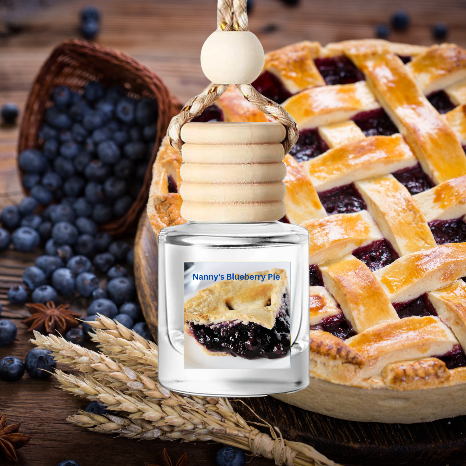 Nanny's Blueberry Pie hanging car air freshener with braided rope and natural fragrance diffuser in a clear glass bottle