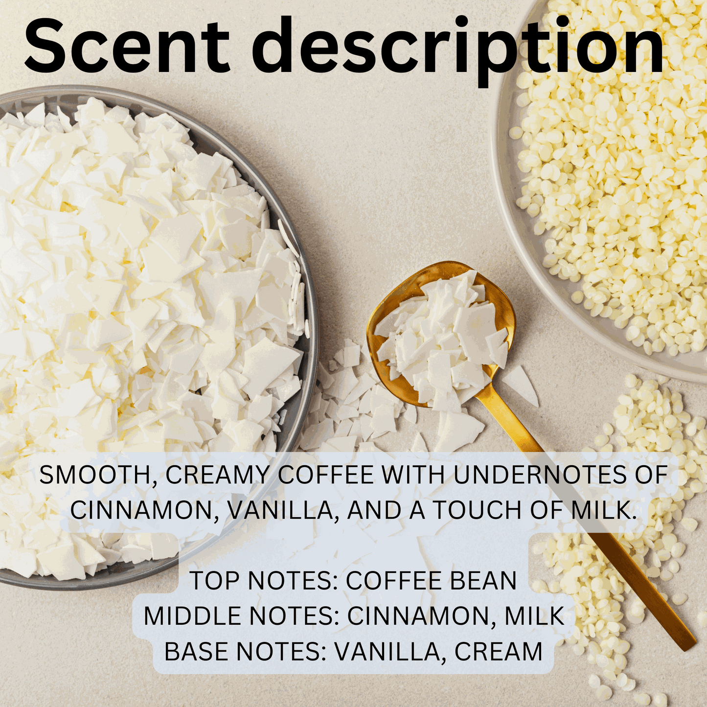 Natural soy wax melts with creamy coffee, cinnamon, vanilla, and milk scent blend.