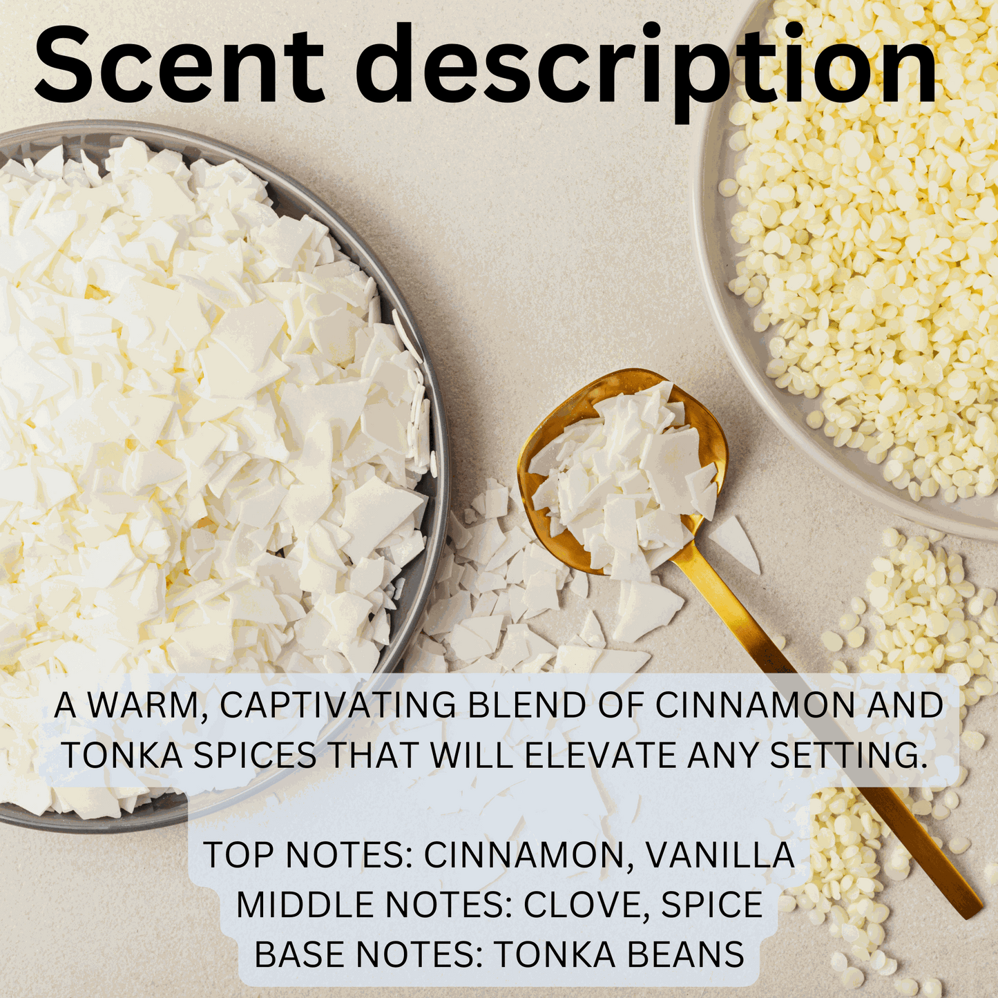 Natural soy wax melts with cinnamon, vanilla, clove, spice, and tonka bean scent blend in a handpoured 2.5 oz pack.