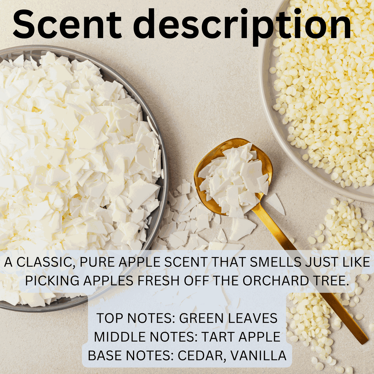 Natural soy wax melts with classic apple orchard scent featuring green leaves, tart apple, cedar, and vanilla notes