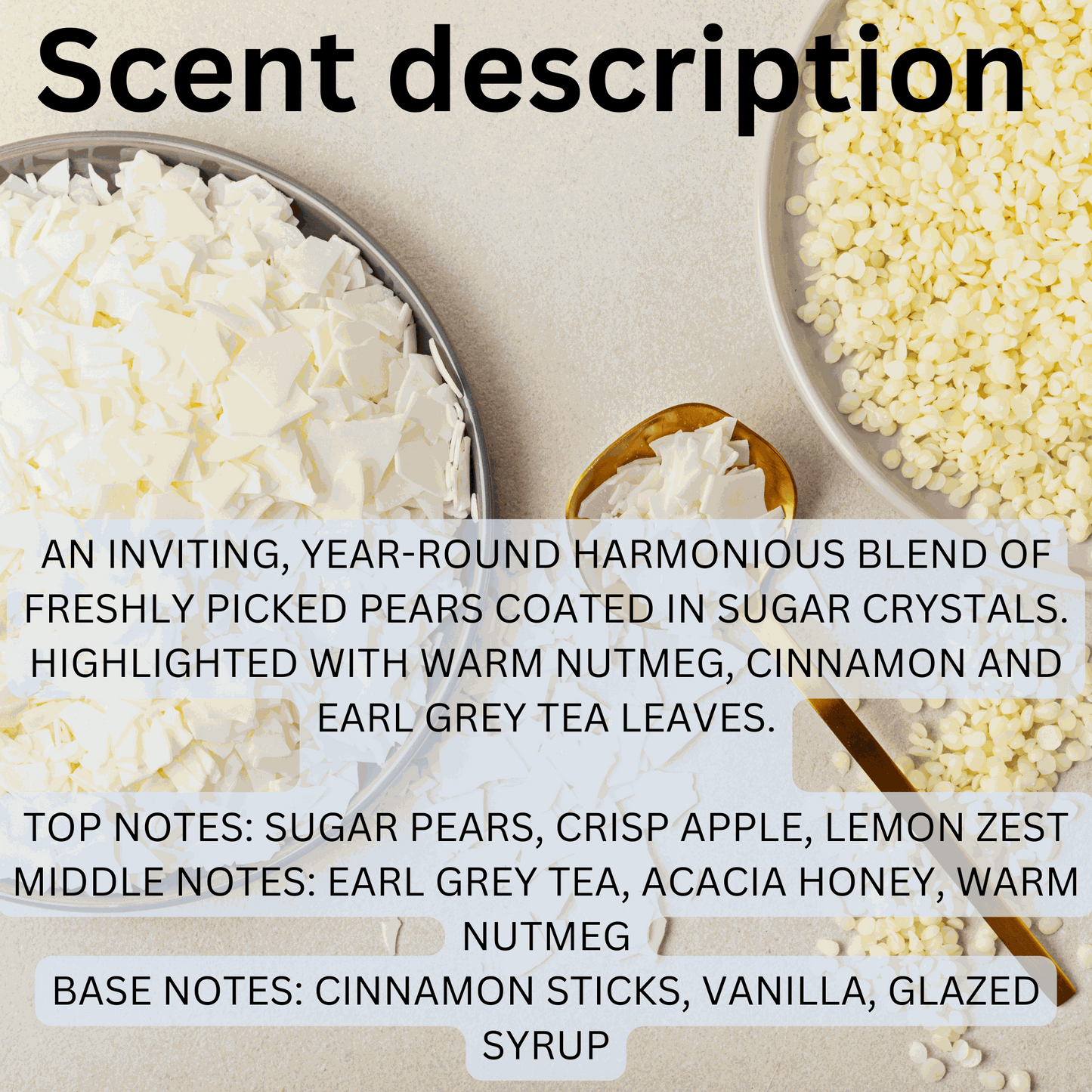 Natural soy wax melts with honey, cinnamon, pear, nutmeg, and Earl Grey tea fragrance blend