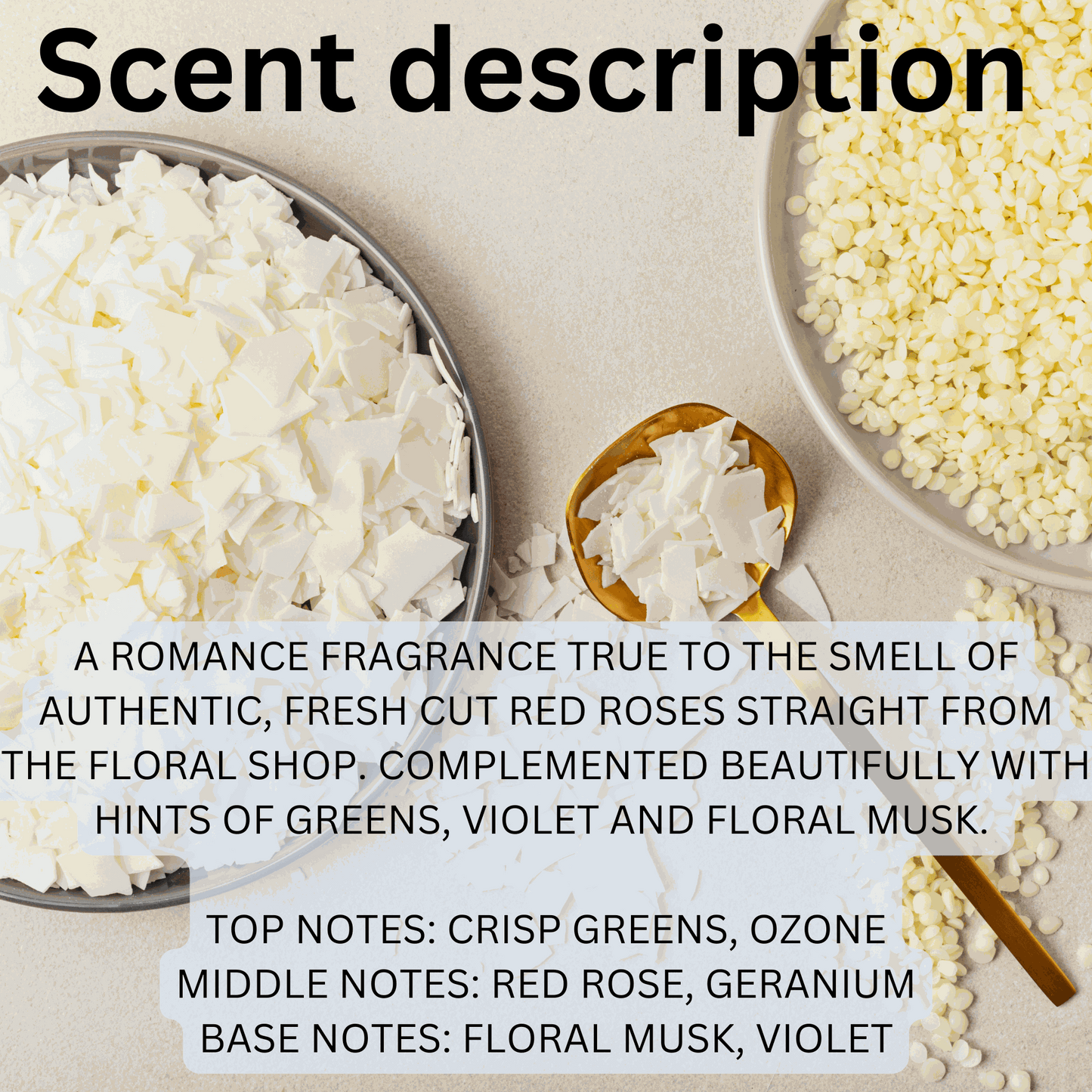 Natural soy wax melts with fresh red rose aroma and hints of greens, violet, and floral musk in handpoured 2.5 oz cubes