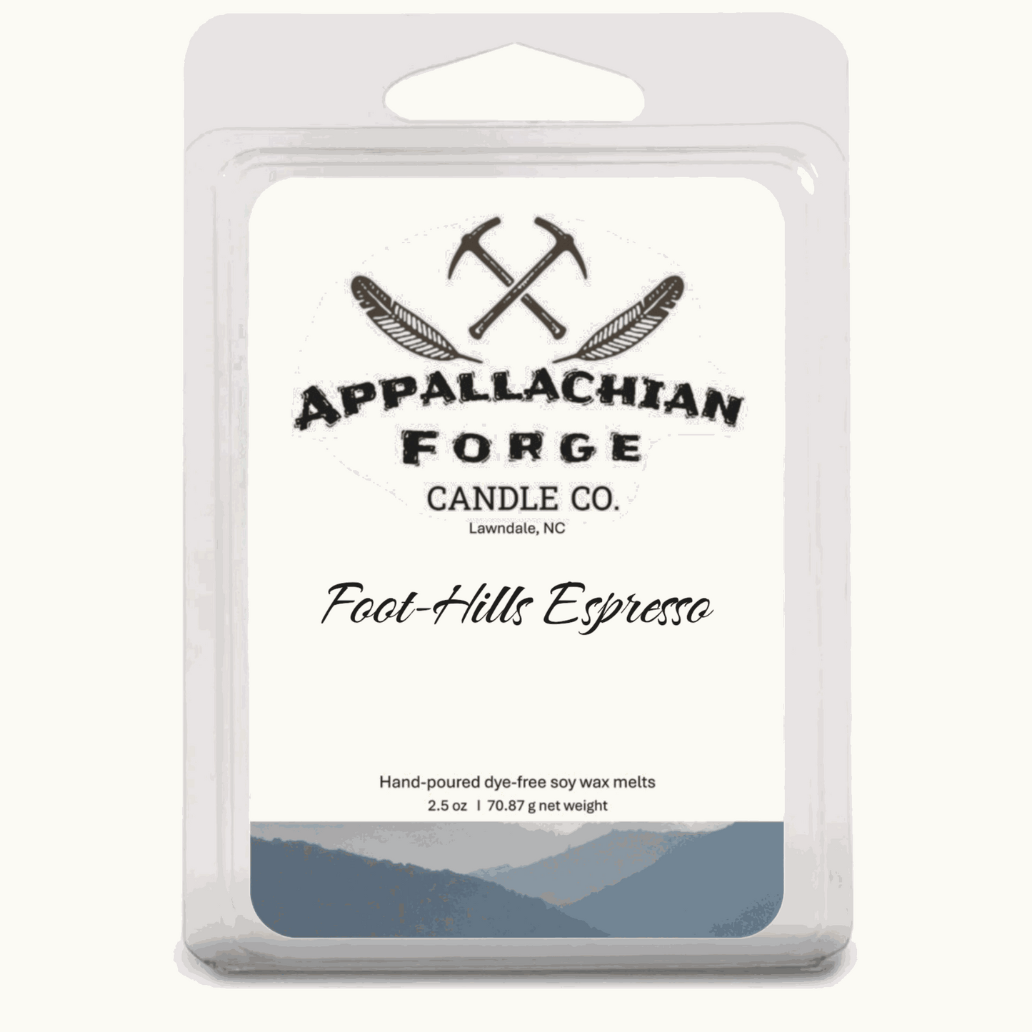 Natural soy wax melts Foothills Espresso scent by Appalachian Forge Candle Co. hand-poured, dye-free, 2.5 oz pack