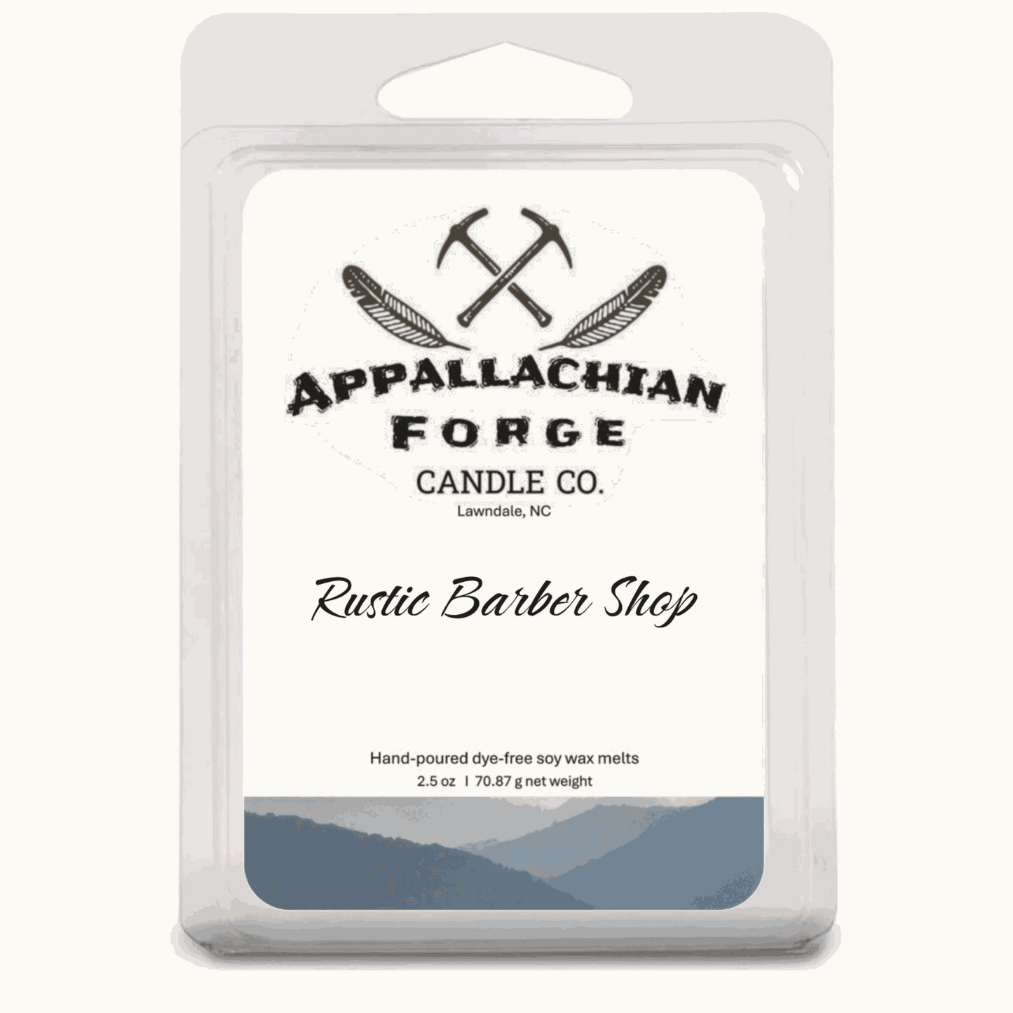 Natural soy wax melts in Rustic Barber Shop scent by Appalachian Forge Candle Co. in clear clamshell packaging