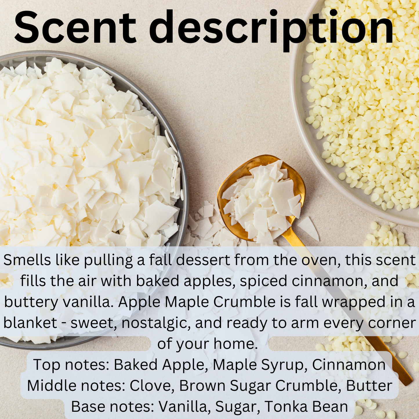 Apple Maple Crumble dye-free soy wax candle with warm scent of baked apples, cinnamon, vanilla, and maple syrup