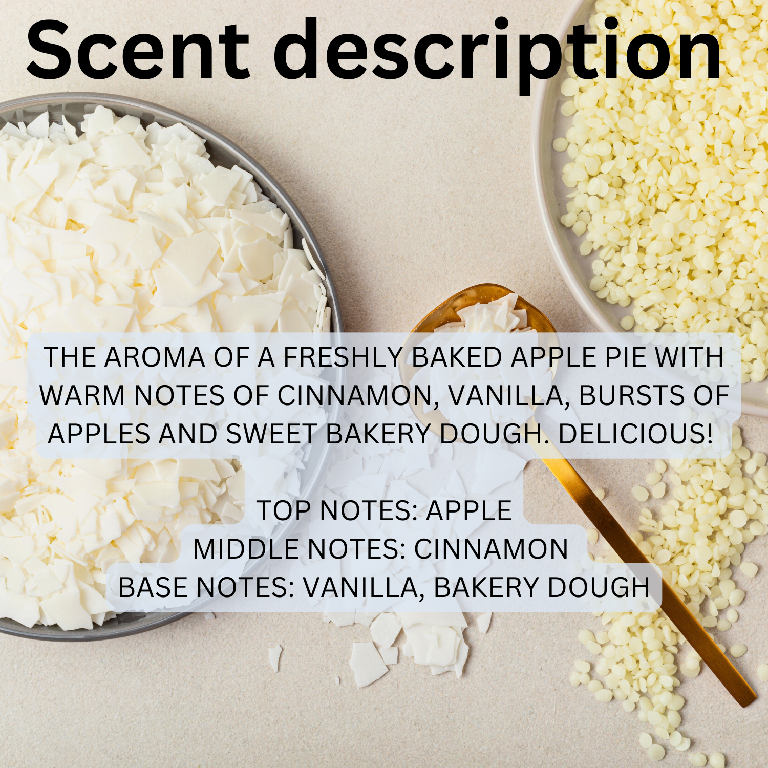 Soy wax melts with apple pie scent featuring cinnamon, vanilla, apples, and bakery dough notes.