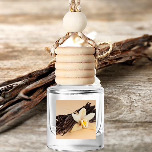Blissful Bean hanging car air freshener with vanilla scent and wooden cap