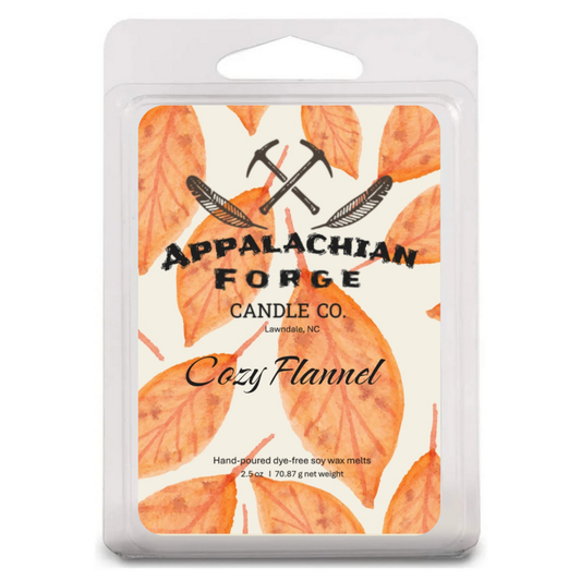 Hand poured dye free soy wax melts Cozy Flannel scent in autumn leaves packaging by Appalachian Forge Candle Co.