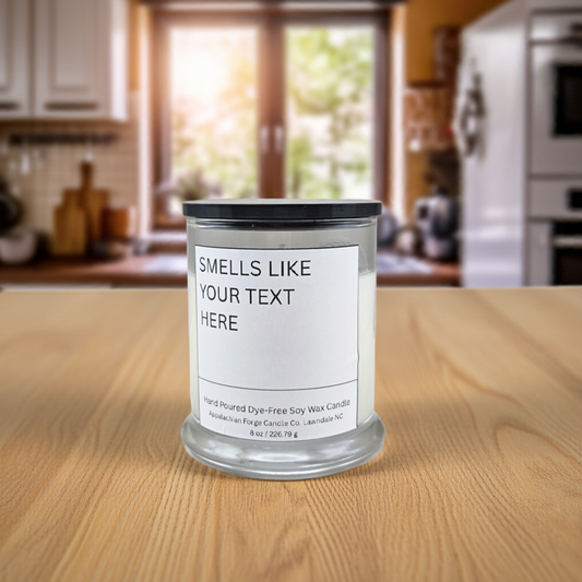 Custom Label Soy Wax Candle with personalized text, hand-poured, dye-free, clean-burning, 8 oz jar on wooden table in kitchen setting.