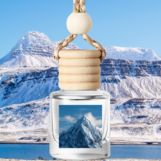 Icy Peaks hanging car air freshener with braided rope and natural fragrance diffuser in clear glass bottle