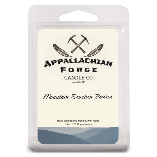 Mountain Bourbon Reserve hand-poured soy wax melts by Appalachian Forge Candle Co., natural and long-lasting fragrance for home.