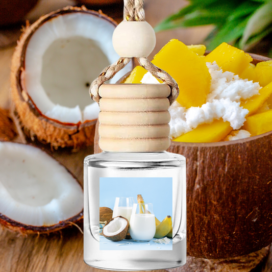 Hanging car air freshener with braided rope and mountain mango nut fragrance diffuser.