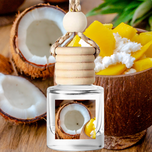 Mountain Mango Nut hanging car air freshener with braided rope and natural fragrance diffuser bottle.