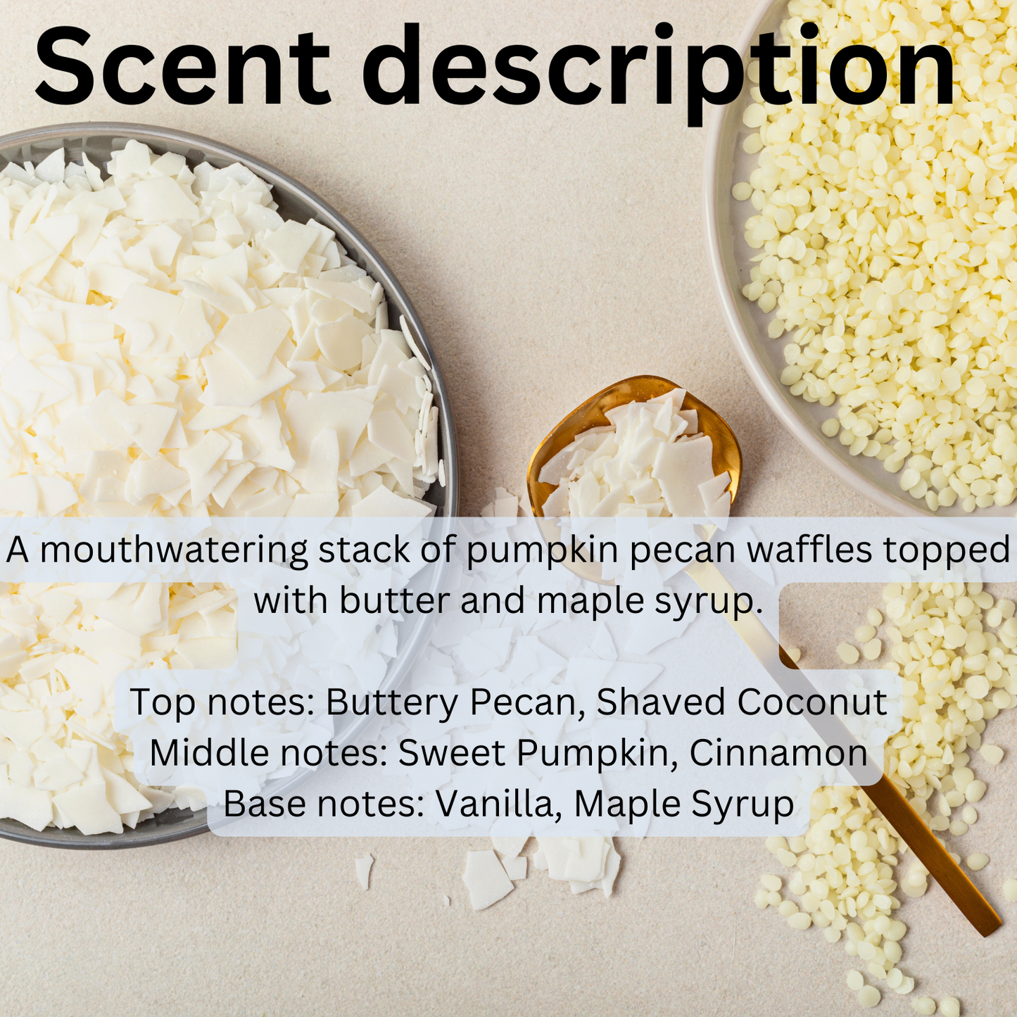 Pumpkin Porch Mornings soy wax melts with natural pumpkin pecan waffle fragrance, buttery pecan, cinnamon, vanilla, and maple syrup notes.