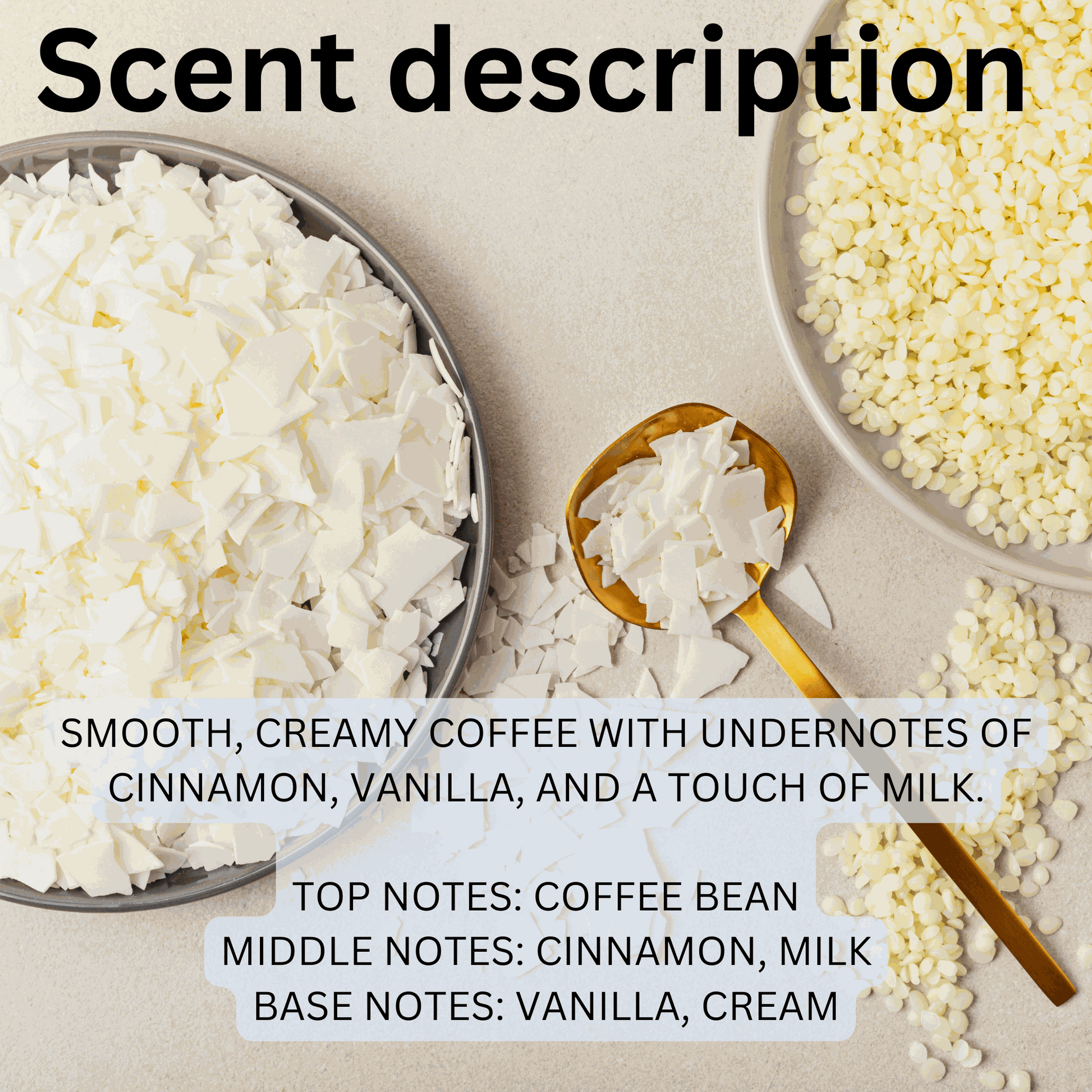 Natural soy wax melts with creamy coffee, cinnamon, vanilla, and milk scent blend.
