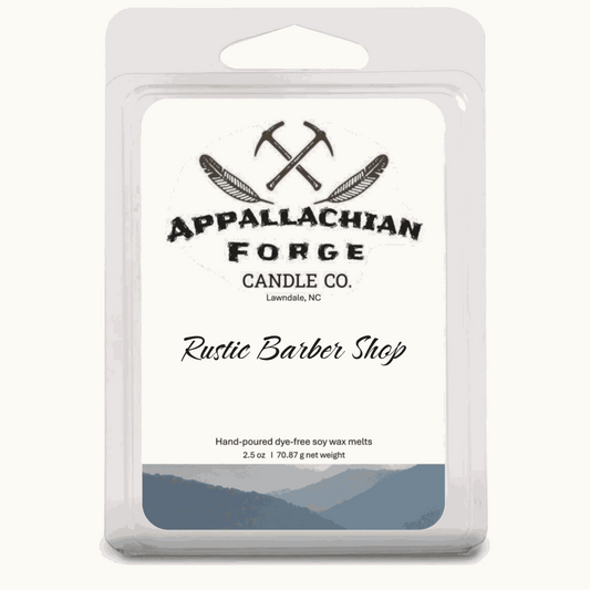 Natural soy wax melts in Rustic Barber Shop scent by Appalachian Forge Candle Co. in clear clamshell packaging