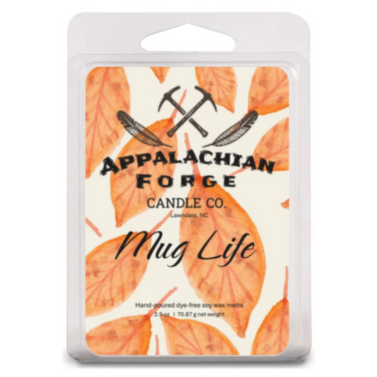 Mug Life hand-poured soy wax melts by Appalachian Forge Candle Co. with autumn leaves design, eco-friendly and long-lasting fragrance.